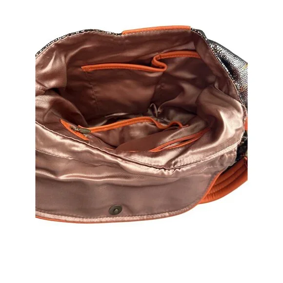 Malini Murjani Exotic Collection Leather Trim Metallic Orange Black Shoulder Bag - Picture 8 of 12